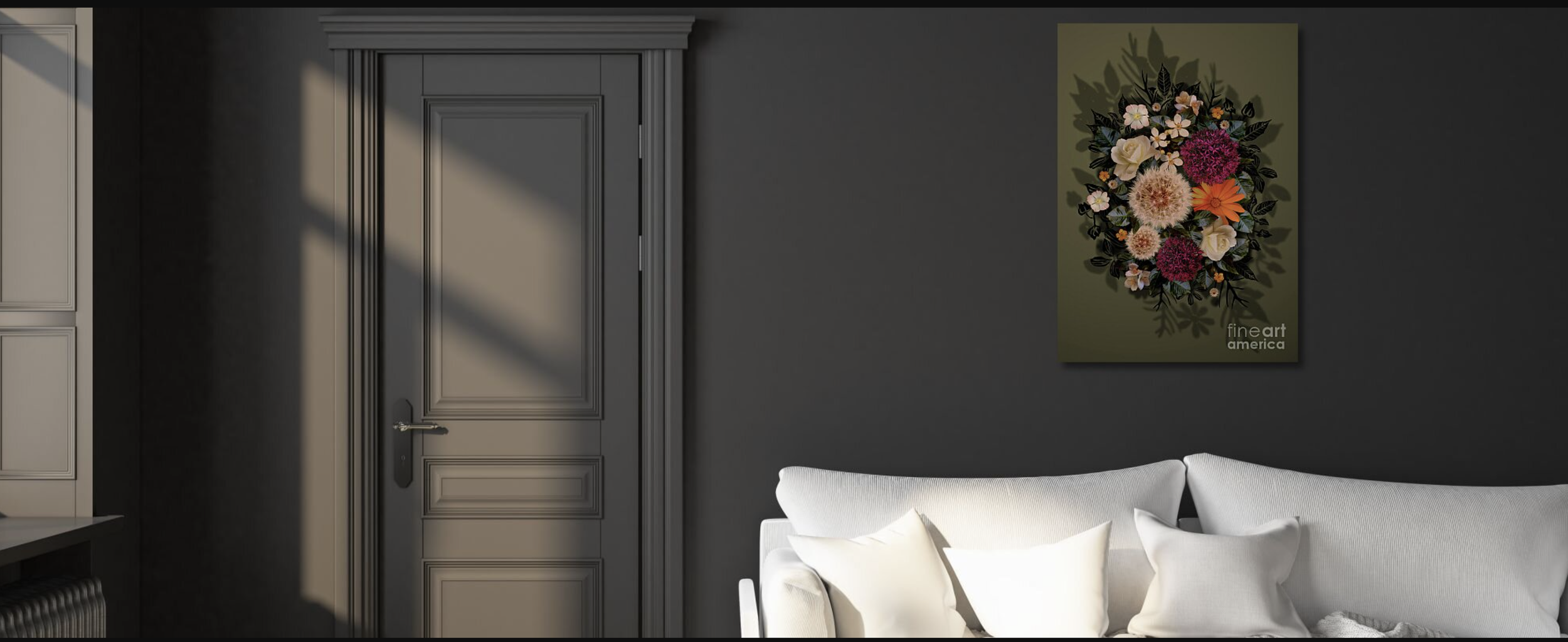 Supernature Artwork via Pixels.com Fine Art America BFAHub Online Gallery Interior view of a living room with a gray door and gray walls, a floral art piece hanging on the wall, and a white sofa with cushions.