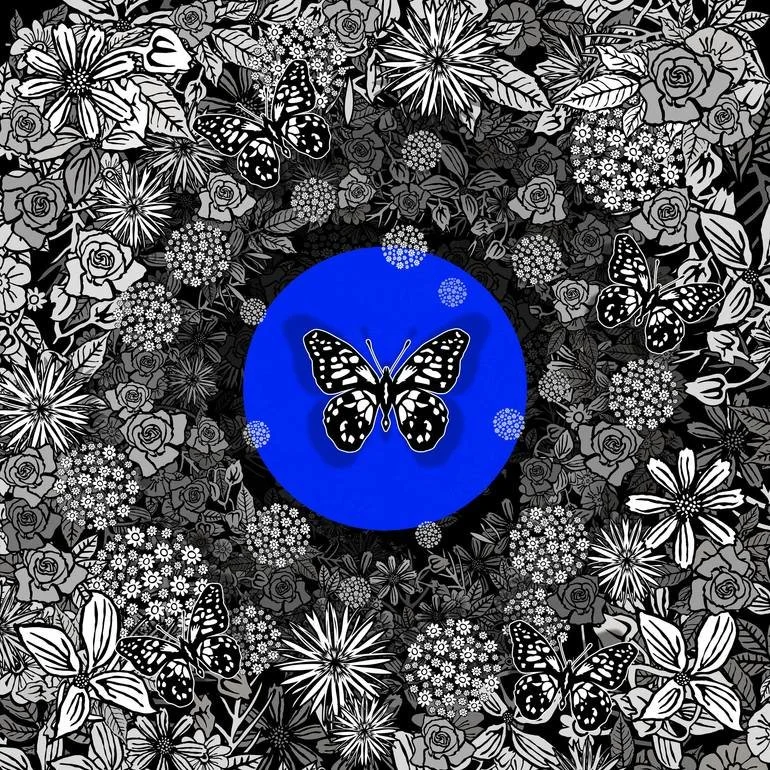 Artist Czar Catstick via BFA Gallery Online Fine Art Limited Edition Artworks, Prints and Photography Black and white floral pattern with butterflies, centered around a blue circle featuring a black and white butterfly.