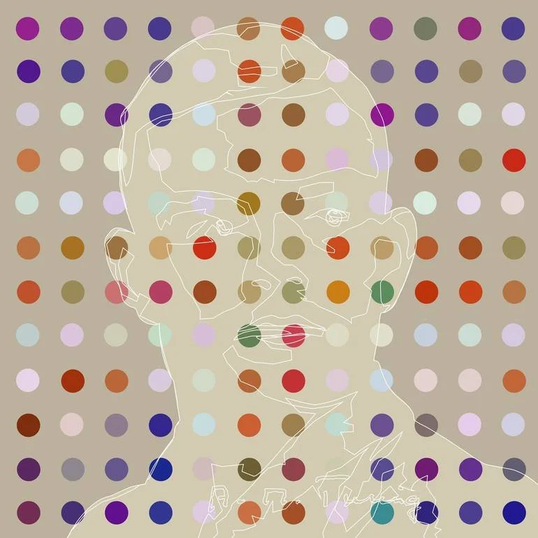 Polka dot British Union Flag pattern overlaid with a white outline drawing of a Alan Turing's face and upper body. Artist Czar Catstick via BFA Gallery Online Fine Art Limited Edition Artworks, Prints and Photography 