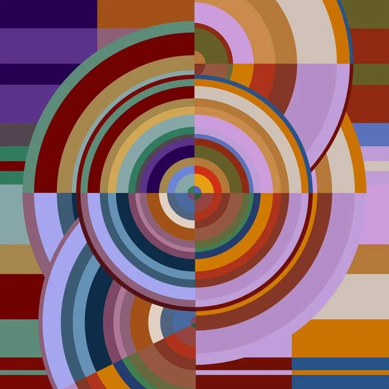 Abstract digital art with concentric circles and rectangular patterns in shades of purple, red, brown, green, blue, and orange. Artist Czar Catstick via BFA Gallery Online British Bespoke Fine Art Limited Edition Artworks, Prints 