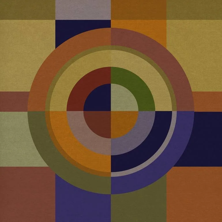 Artist Czar Catstick BFA Online Bespoke British Fine Art Gallery Giclee prints photograAbstract geometric artwork featuring concentric circles in green, orange, blue, and purple, with a background of rectangular blocks in yellow, blue, gray, and red.