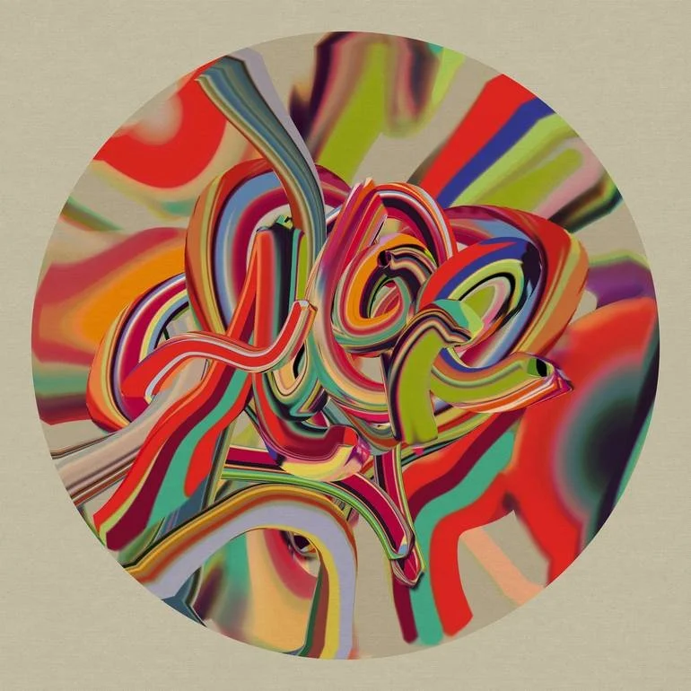 A colorful abstract swirl with multiple vibrant, flowing lines and patterns inside a circular frame.