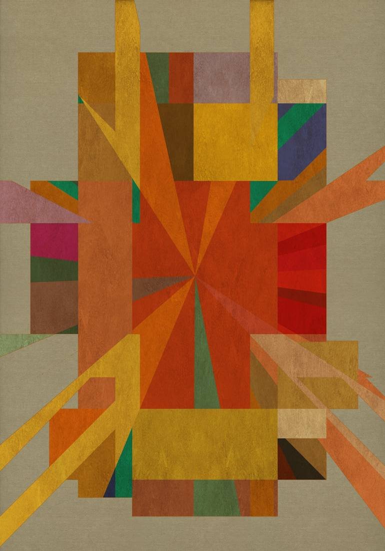 Artist Czar Catstick via BFA Gallery Online Fine Art Limited Edition Artworks, Prints and Photography Abstract geometric artwork with colorful rectangles and triangles in red, orange, yellow, green, purple, and beige tones.