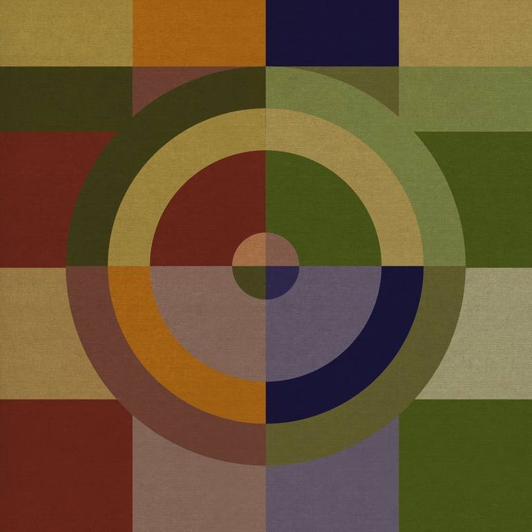 Artist Czar Catstick BFA Online Bespoke British Fine Art Gallery Giclee prints photography Artworks A geometric abstract artwork with concentric circles and rectangular blocks in earthy tones of green, red, yellow, blue, and purple.
