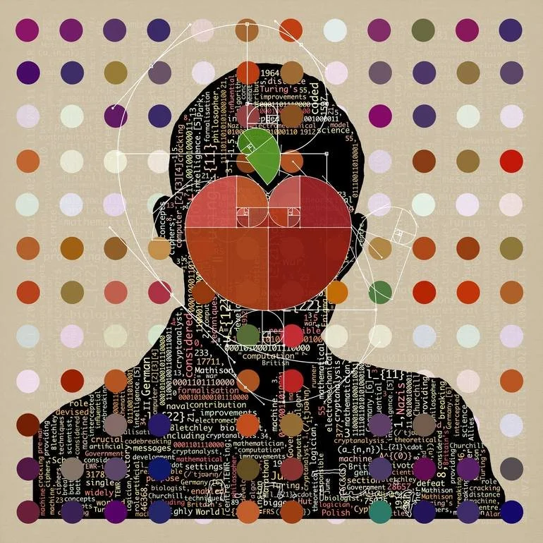 Alan Turing Digital Portrait via BFA Bespoke Fine Arts Gallery Artist Czar Catstick Digital illustration of Turing with a large red fibonacci apple composed of binary code and text, set against a colorful union flag polka dot background.