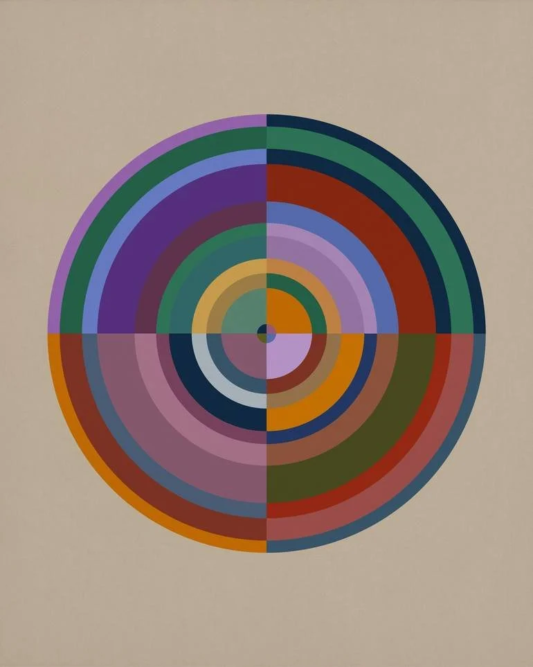 A colorful circular geometric pattern made of concentric rings and segments on a beige background. Artist Czar Catstick via BFA Gallery Online British Bespoke Fine Art Limited Edition Artworks, Prints 