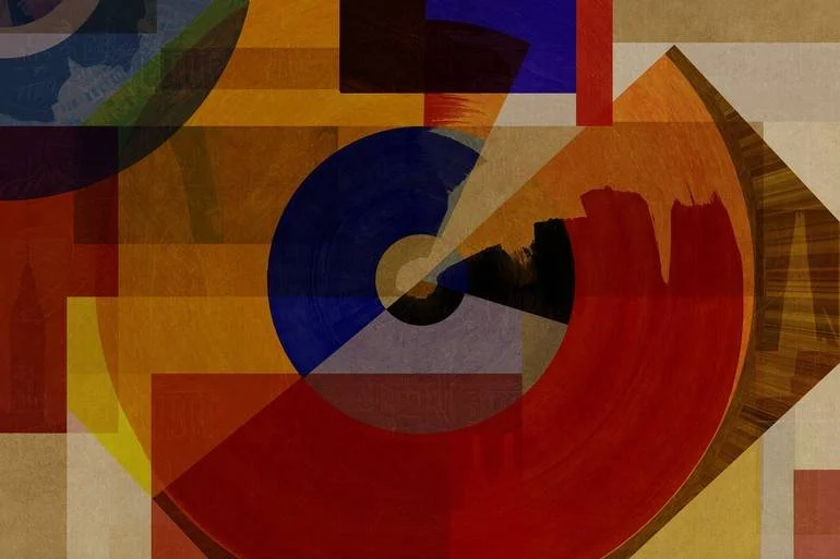 BFA Fine Art Limited Edition Prints via BFA Online Gallery Artist Czar Catstick London Abstract geometric artwork with overlapping shapes and bold colors, including blue, red, yellow, black, and brown.