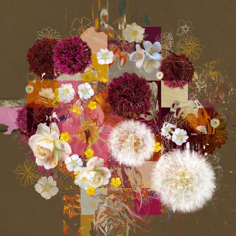 A digitally manipulated image of a colorful bouquet of flowers, including white daisies, yellow flowers, large white dandelions, and pinkish-red spherical blooms, with abstract background patterns and sketches.
