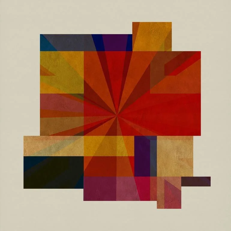Art Deco Abstract geometric artwork Artist Czar Catstick - included in the Saatchi Art Curators Choice Collection overlapping squares and triangles in red, yellow, orange, purple, and blue on a light background.