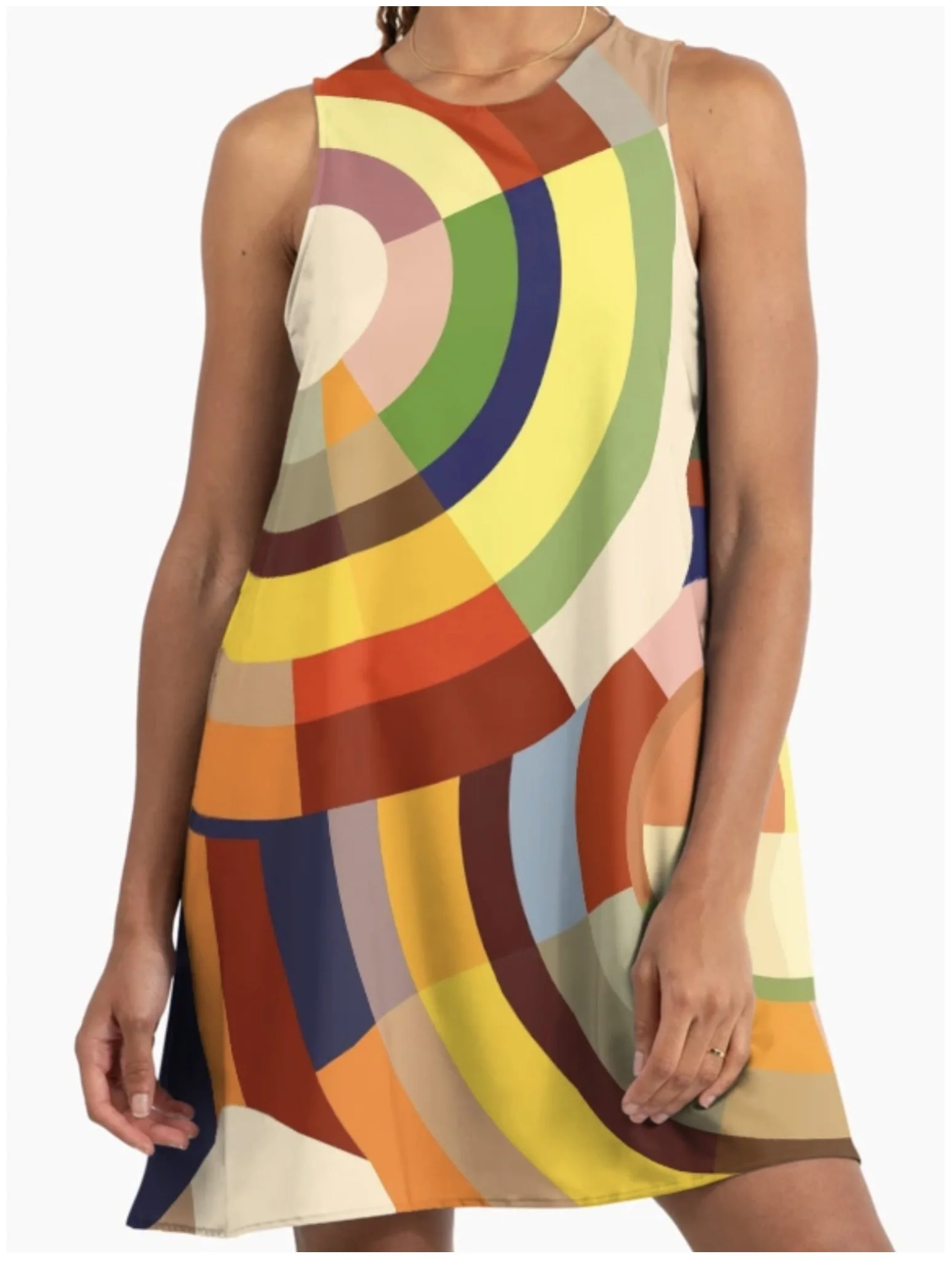 Abstract Geometric artwork Czar Catstick BFA Hub Online Gallery via Redbubble A woman wearing a sleeveless dress with an abstract, colorful, deco pattern featuring shapes in red, yellow, green, blue, and beige.