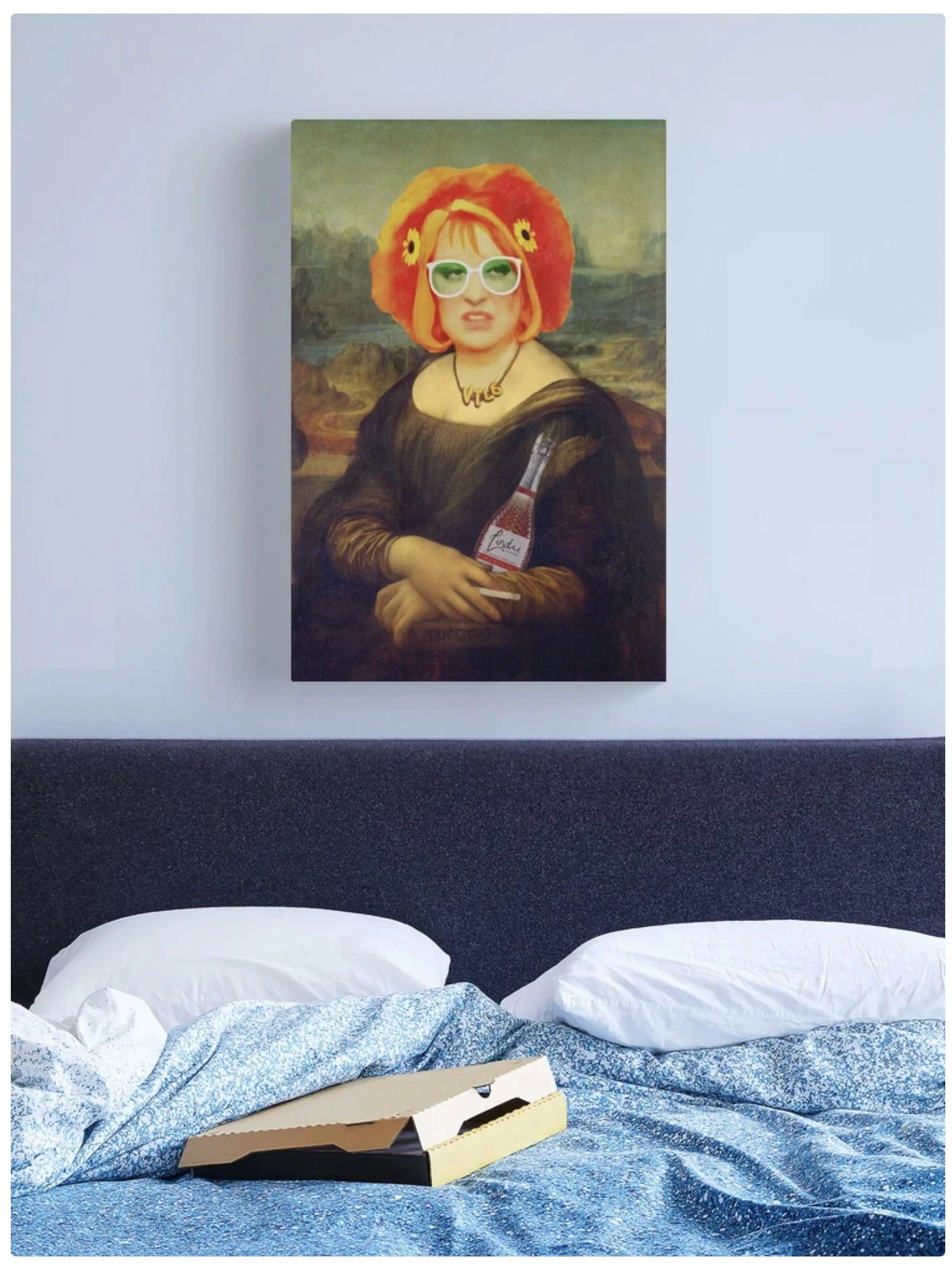 Gimme Gimme Gimme artwork Kathy Burke as Linda Lahughes Mona Linda BFA Hub via Redbubble Czar Catstick Big Fat Arts framed parody of Leonardo da Vinci's Mona Lisa painting hanging on the wall