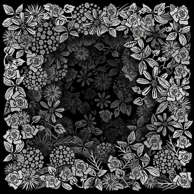 Artist Czar Catstick via BFA Gallery Online Fine Art Limited Edition Artworks, Prints and Photography A black-and-white floral pattern with various flowers and leaves, creating a decorative op art illustration design.