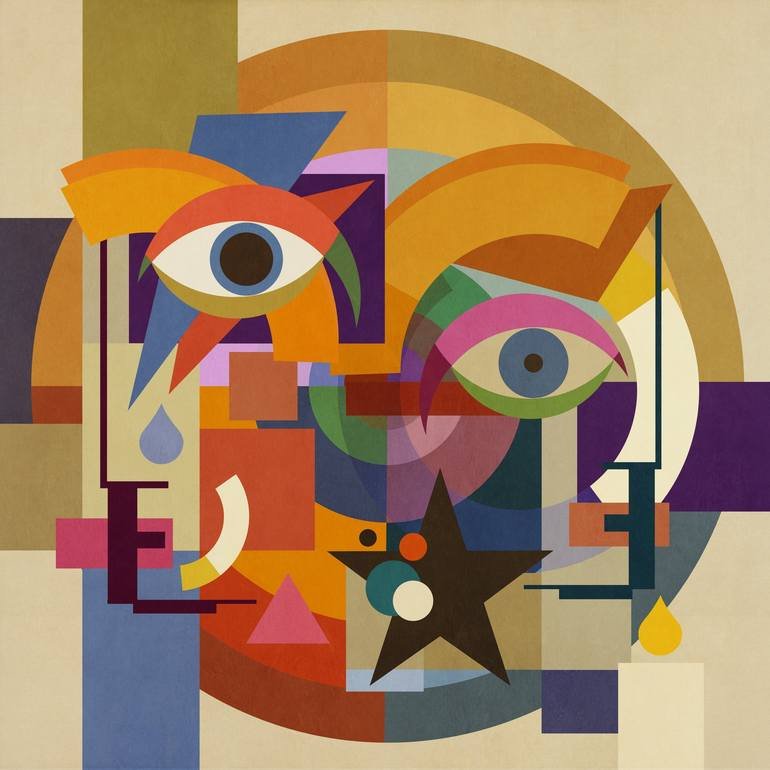 Artist Czar Catstick BFA Online Bespoke British Fine Art Gallery Giclee prints photography Artworks Bauhaus Bauwie Abstract geometric artwork featuring stylized faces with large eyes, a star, and colorful shapes in a cubist style.