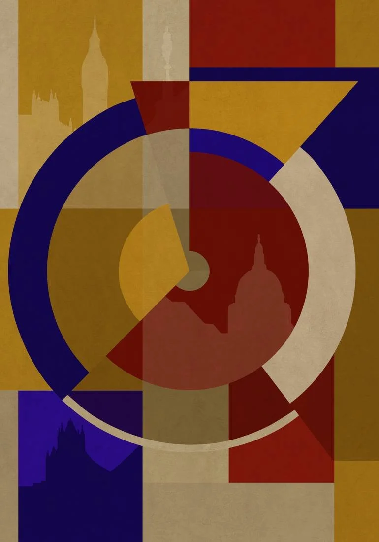 Abstract geometric artwork with red, yellow, blue, and beige shapes, featuring silhouettes of a cathedral or government building.