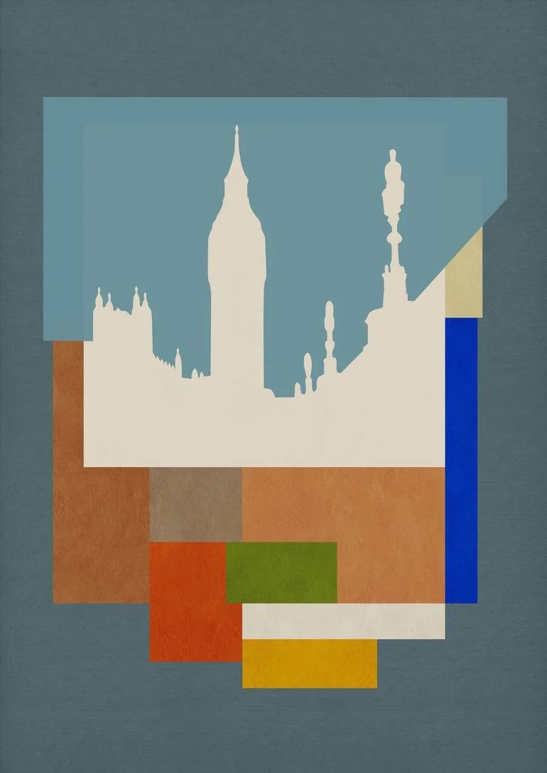 Abstract collage of the London skyline, featuring the silhouette of Big Ben, with geometric colored blocks in the foreground. Artist Czar Catstick via BFA Gallery Online British Bespoke Fine Art Limited Edition Artworks, Prints 