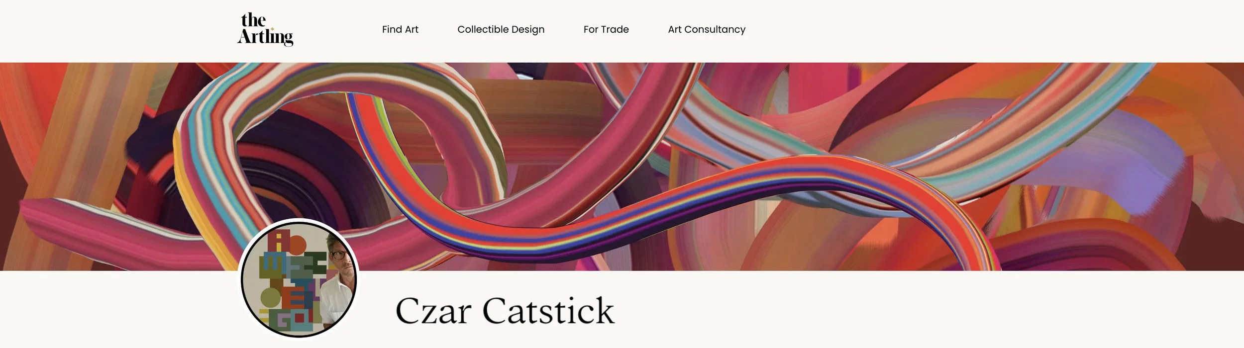 Artist Czar Catstick via Artling Online Gallery A colorful abstract artwork with intertwined curvy ribbons in various bright colors.