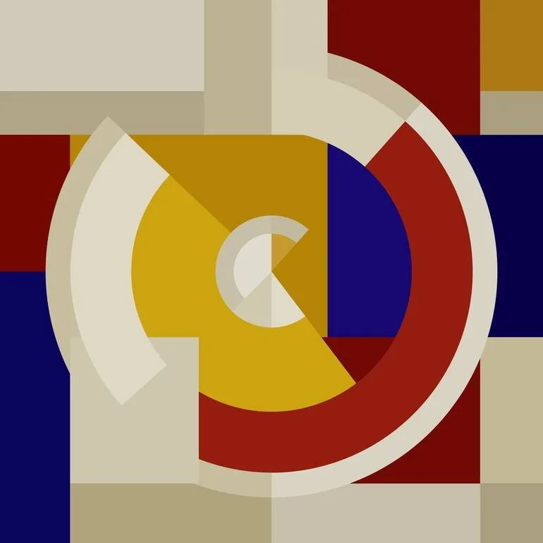 Abstract geometric artwork with circles, rectangles, and segments in beige, gold, red, and dark blue colors.