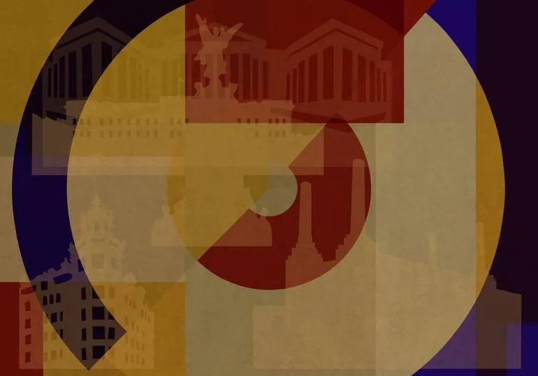 Abstract digital art with geometric shapes and muted colors, featuring faint silhouettes of architectural monuments.