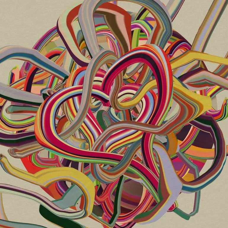 Colorful abstract sculpture made of tangled, striped tubes in various colors including red, pink, yellow, green, blue, and purple.