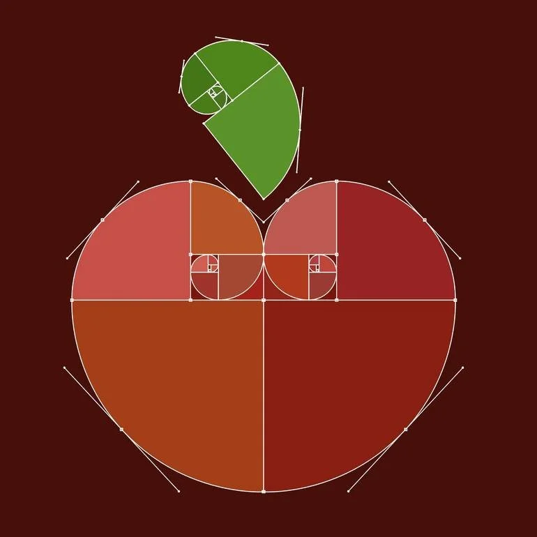 Alan Turing Digital Portrait via BFA Bespoke Fine Arts Gallery Artist Czar Catstick Fibonacci curve spirals overlaid on a grid of colored sections forming a stylized apple shape.