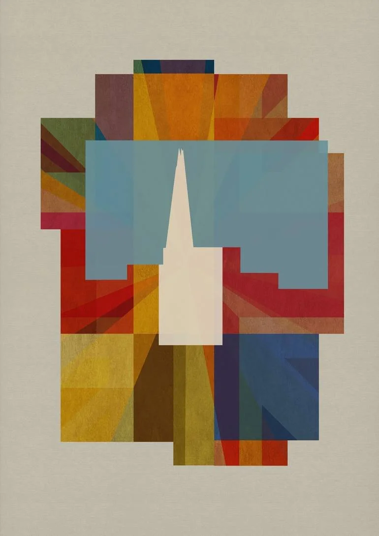 An abstract geometric artwork with multicolored rectangles and triangles arranged in a symmetrical pattern, with a prominent white silhouette of The London Shard against a neutral background. Artist Czar Catstick via BFA Gallery Online British Bespok