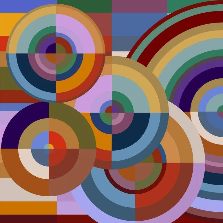 Abstract digital artwork with concentric circles and geometric patterns in various colors, including purple, blue, red, green, yellow, and brown. Artist Czar Catstick via BFA Gallery Online British Bespoke Fine Art Limited Edition Artworks, Prints 