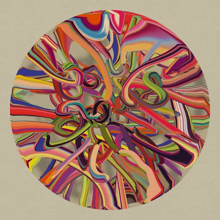 Colorful abstract circular artwork with swirling, intertwined lines and patterns in various vibrant shades.
