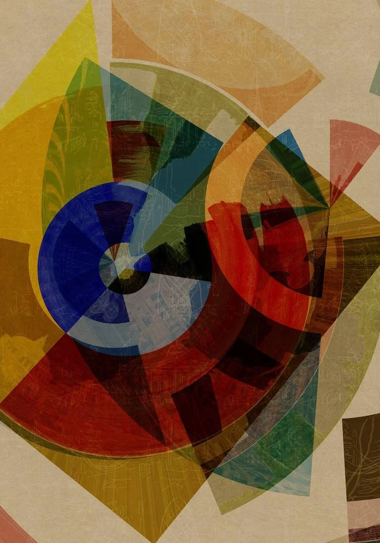 London Abstract geometric art with overlapping circles, triangles, and rectangles in red, blue, green, yellow, orange, and black on a beige background. BFA Fine Art Limited Edition Prints via BFA Online Gallery Artist Czar Catstick 
