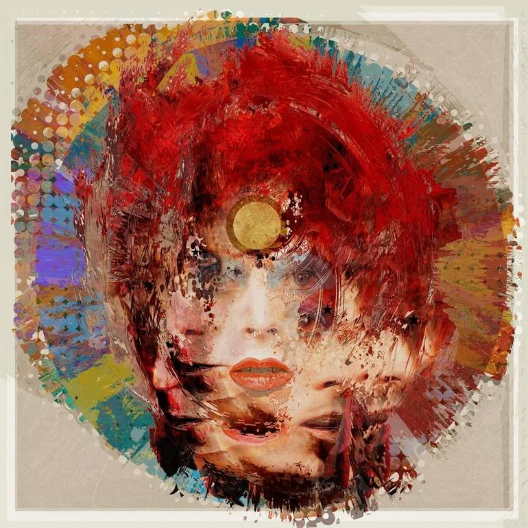 Artist Czar Catstick BFA Online Bespoke British Fine Art Gallery Giclee prints photography Artworks David Bowie portrait ziggy stardust's face with red hair, surrounded by vibrant colors and patterns, with a golden circle on forehead.
