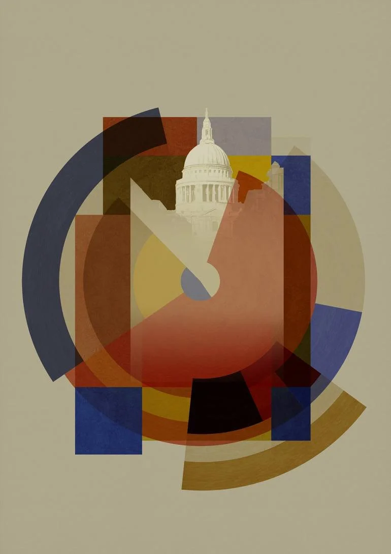 Abstract geometric artwork with shapes and colors overlaid on an image of Saint Paul's London BFA Fine Art Limited Edition Prints via BFA Online Gallery Artist Czar Catstick 