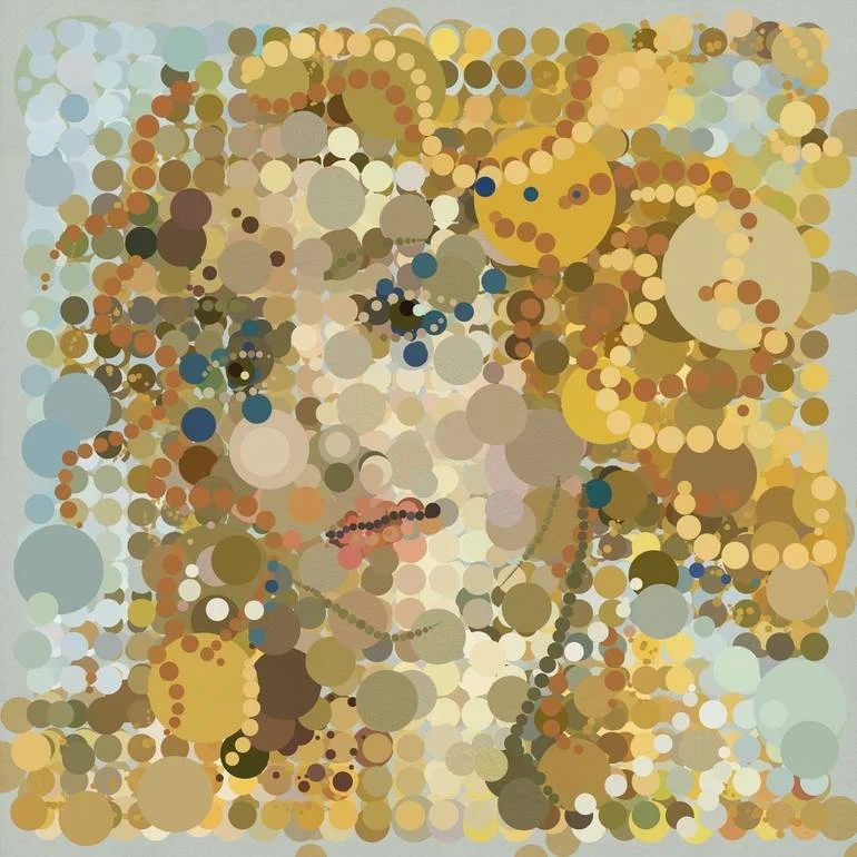 Artist Czar Catstick BFA Online Bespoke British Fine Art Gallery Giclee prints photography Artworks Fizzy Pop Dotticelli Venus Abstract portrait created with multicolored dots forming a face, eyes, nose, and mouth.