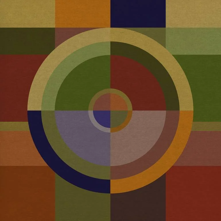 A geometric design featuring concentric circles and rectangles in shades of green, orange, purple, blue, and red. Artist Czar Catstick via BFA Gallery Online British Bespoke Fine Art Limited Edition Artworks, Prints 