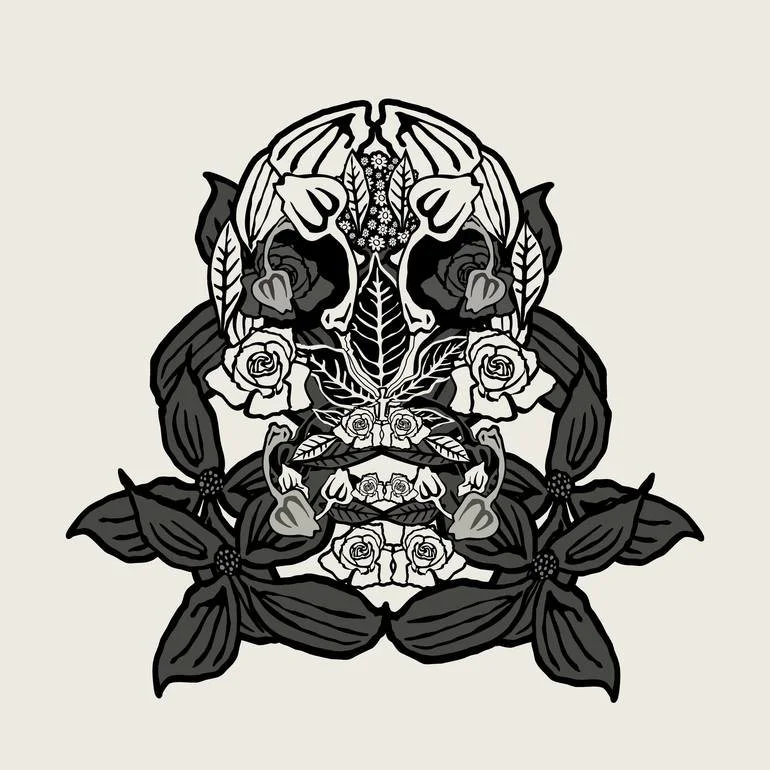 Artist Czar Catstick via BFA Gallery Online Fine Art Limited Edition Artworks, Prints and Photography A symmetrical black and white floral and skull design with roses and leaves.