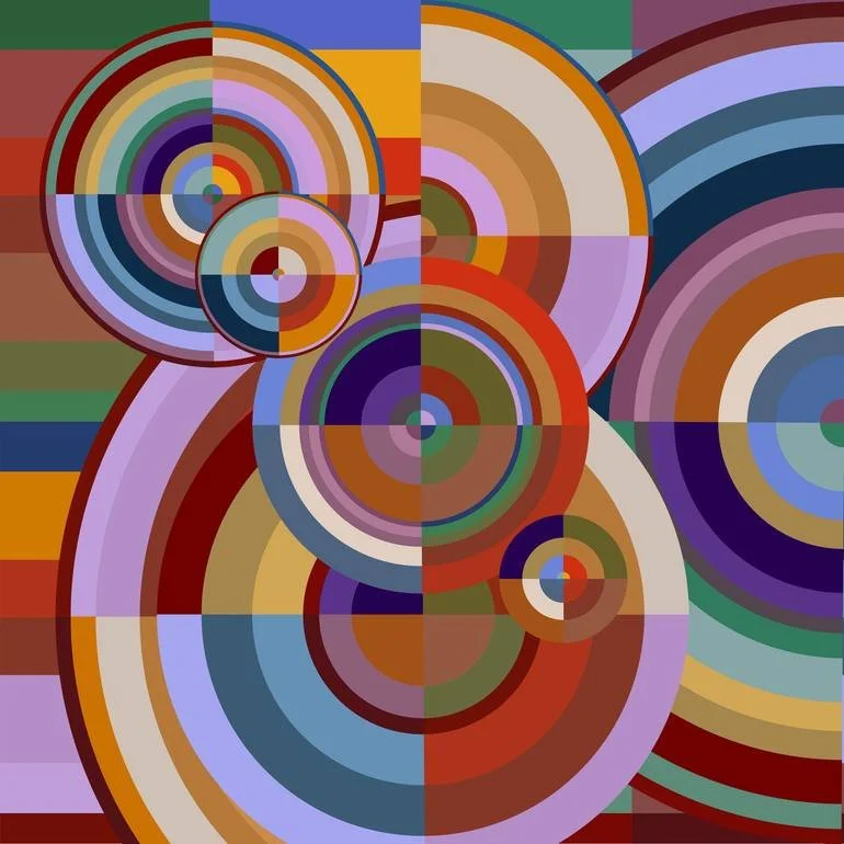 Abstract geometric artwork featuring concentric circles and squares in vibrant, varied colors arranged in a radial pattern. Artist Czar Catstick via BFA Gallery Online British Bespoke Fine Art Limited Edition Artworks, Prints 