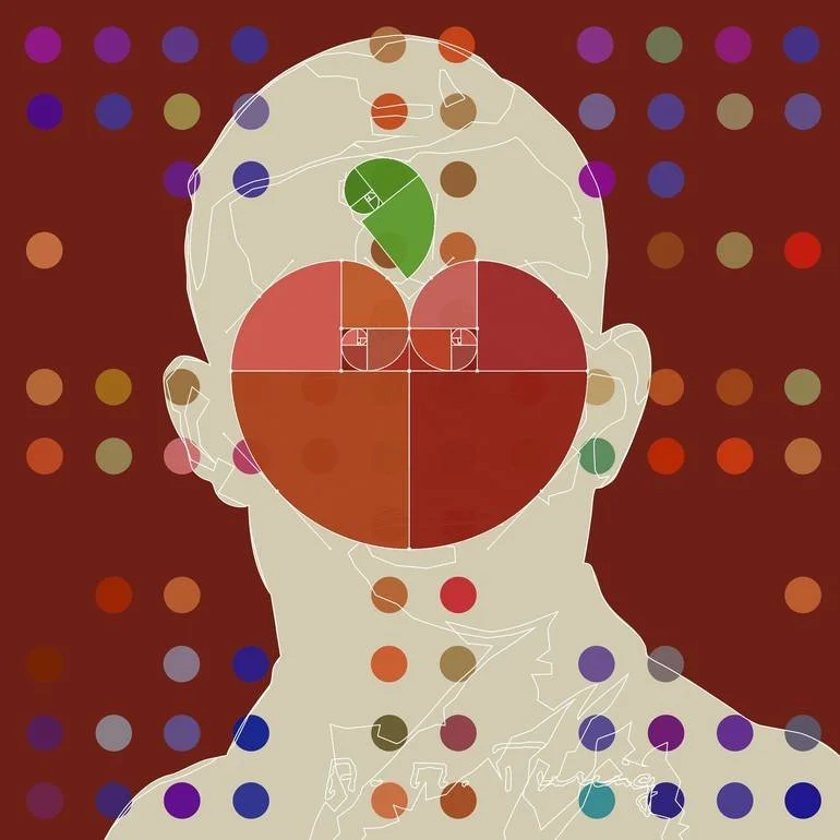 Alan Turing Digital Portrait via BFA Bespoke Fine Arts Gallery Artist Czar Catstick Illustration of Turing's face with a superimposed colorful Fibonacci spiral diagram, resembling a human face with a background of Union Flag multicolored dots.