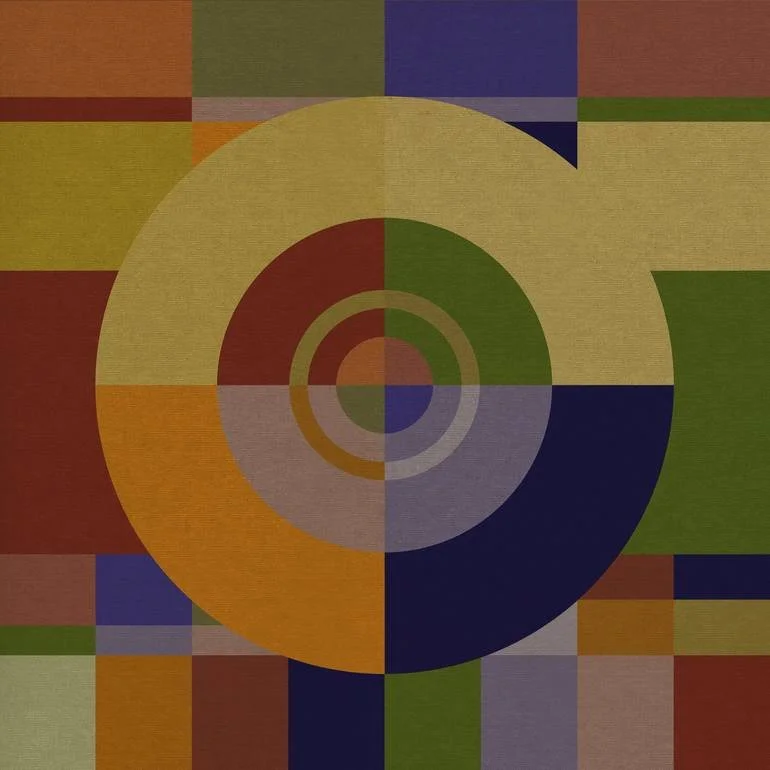 Artist Czar Catstick BFA Online Bespoke British Fine Art Gallery Giclee prints photography Artworks Abstract geometric artwork with concentric circles and rectangular blocks in shades of yellow, red, green, blue, and purple.