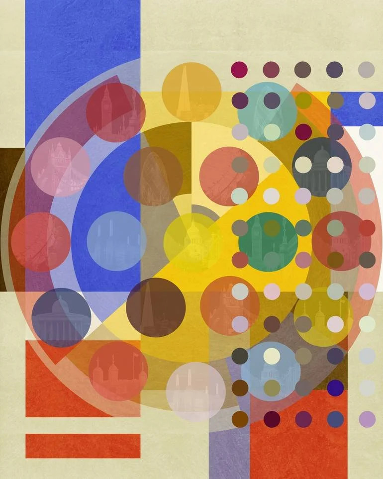 Bauhaus London Series Art Deco Artist Czar Catstick - included in the Saatchi Art Curators Choice Collections Abstract digital artwork featuring colorful overlapping circles and geometric shapes