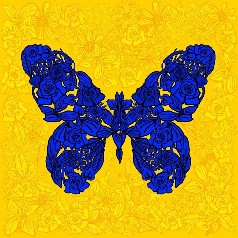 Artist Czar Catstick via BFA Gallery Online Fine Art Limited Edition Artworks, Prints and Photography A colorful illustration of a butterfly made of blue floral patterns with a bright yellow background filled with faint outlines of flowers and leaves