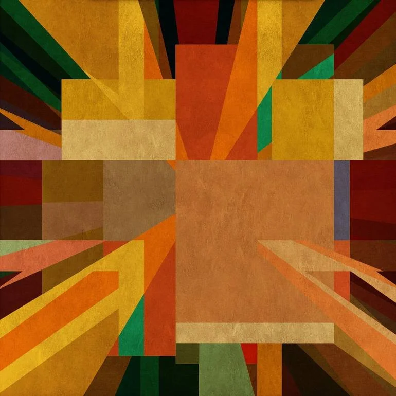 Artist Czar Catstick via BFA Gallery Online Fine Art Limited Edition Artworks, Prints and Photography Abstract geometric artwork with various rectangles and triangles in warm colors like orange, yellow, red, and green, creating a dynamic, radiating p