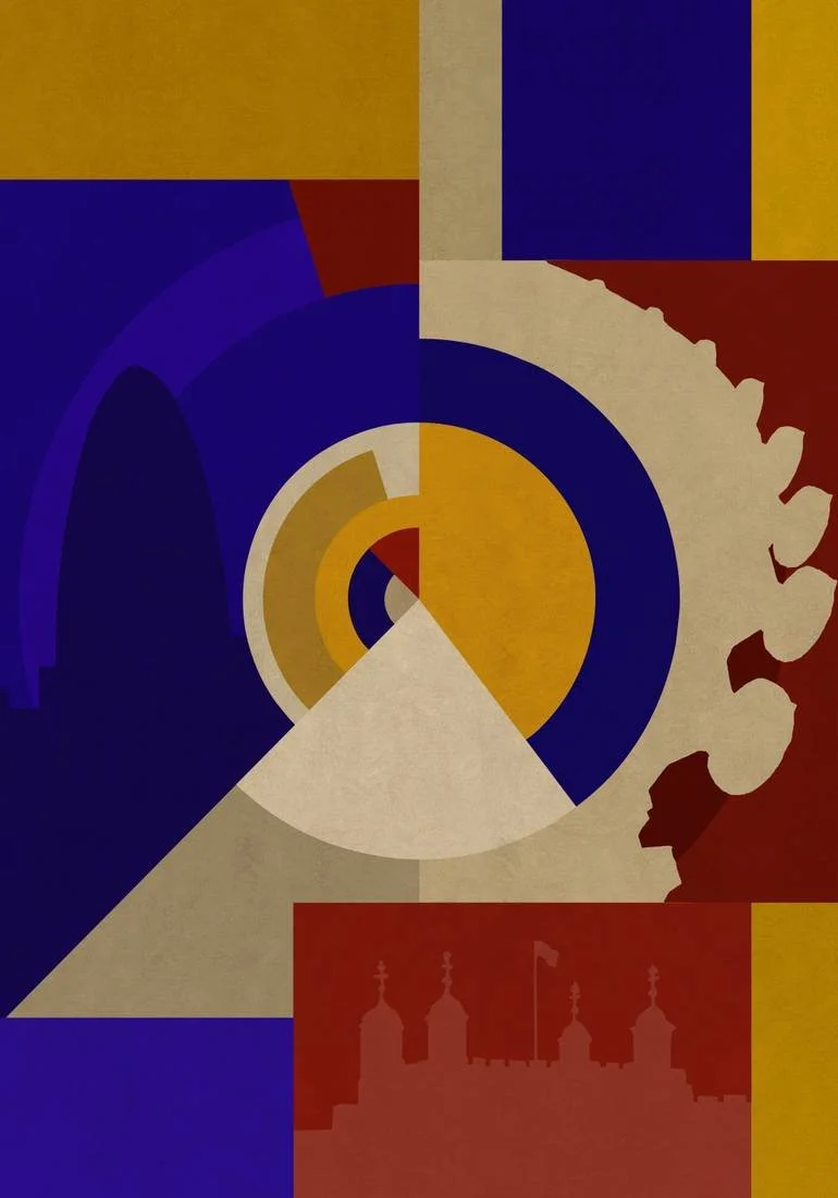 Abstract geometric artwork featuring concentric circles, triangles, and various shapes in blue, yellow, red, beige, and purple colors.