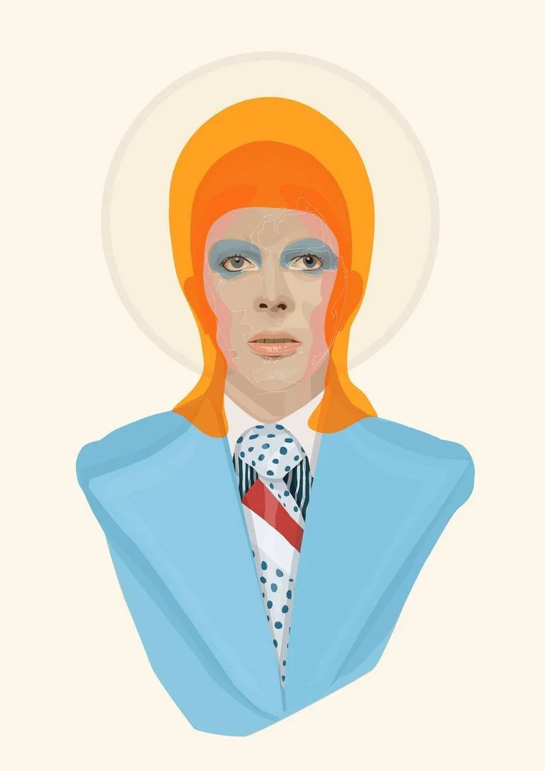 A stylized digital illustration of David Bowie Aladdin Sane Ziggy Stardust from the Life on Mars video with orange hair, blue eyeshadow, wearing a blue suit and a polka-dotted tie, with a halo behind his head. Artist Czar Catstick via BFA Gallery Onl