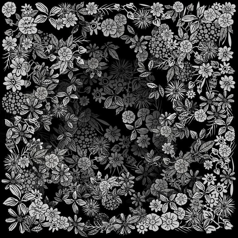Black and white floral 3D Op Art illustration surrounded by flowers and leaves arranged in a pattern. Artist Czar Catstick via BFA Gallery Online British Bespoke Fine Art Limited Edition Artworks, Prints 