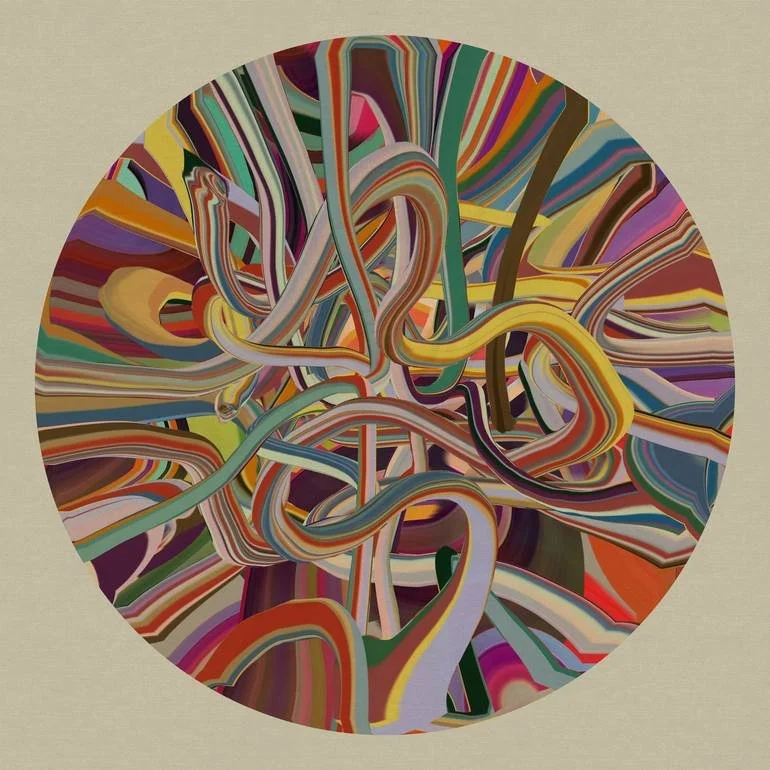 Colorful abstract painting with twisting, intertwined lines and shapes within a circular frame.