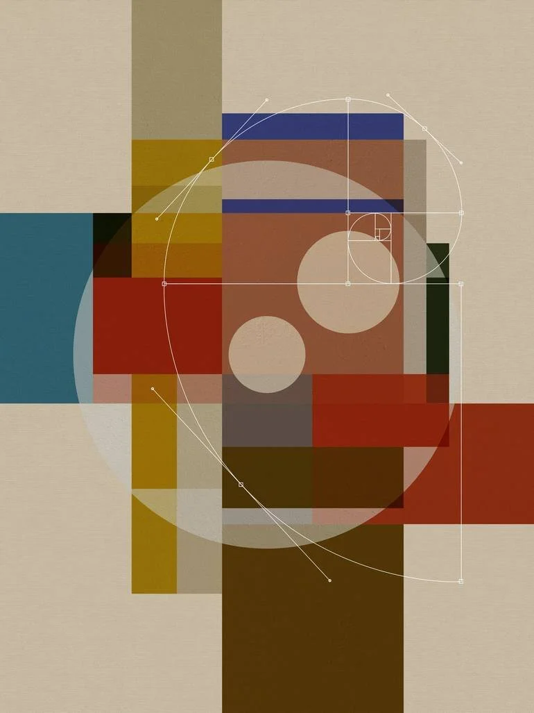 Artist Czar Catstick via BFA Gallery Online Fine Art Limited Edition Artworks, Prints and Photography Abstract geometric artwork featuring overlapping rectangles, circles, and lines in shades of beige, red, blue, yellow, green, and brown, with techni