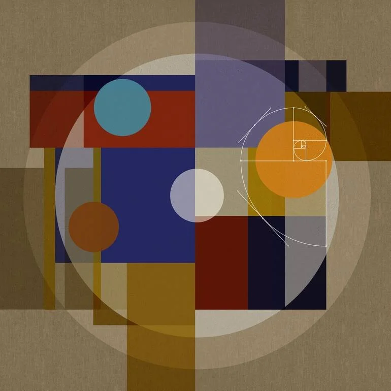 Artist Czar Catstick via BFA Gallery Online Fine Art Limited Edition Artworks, Prints and Photography Deco Squares Abstract geometric composition featuring colored circles, squares, and rectangles overlaid with golden ratio lines and circles.
