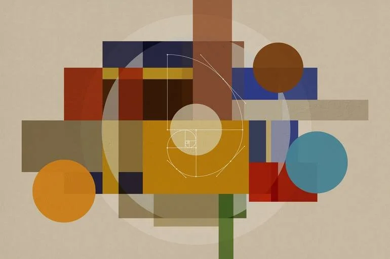 Artist Czar Catstick via BFA Gallery Online Fine Art Limited Edition Artworks, Prints and Photography An abstract geometric art composition with various colored circles and rectangles, featuring a central spiral design and a neutral beige background.