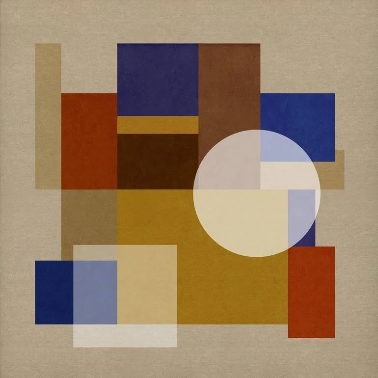 Abstract geometric art with squares and a circle in shades of blue, red, yellow, brown, and beige on a textured beige background. Artist Czar Catstick via BFA Gallery Online British Bespoke Fine Art Limited Edition Artworks, Prints 
