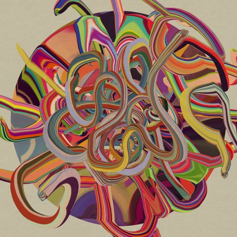 Colorful, abstract sculpture with twisted, looping shapes in various bright colors against a plain background.