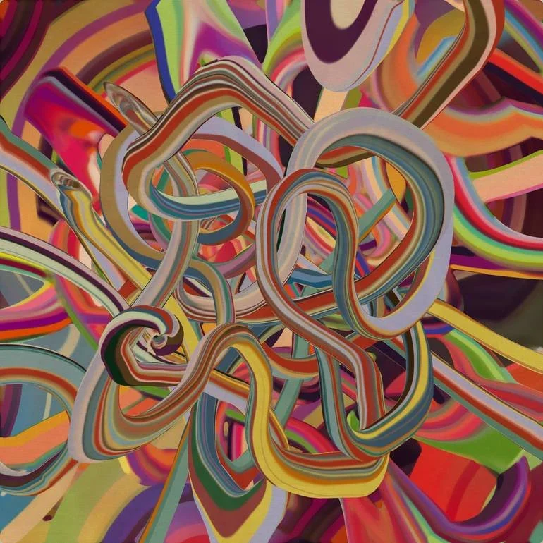 Abstract digital artwork with colorful, intertwined, and looping lines in a chaotic arrangement.