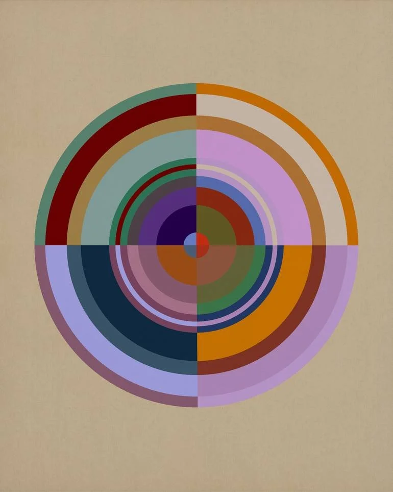 Colorful abstract circular pattern with concentric rings divided into quadrants, featuring various shades of purple, orange, green, blue, and red on a beige background. Artist Czar Catstick via BFA Gallery Online British Bespoke Fine Art Limited Edit
